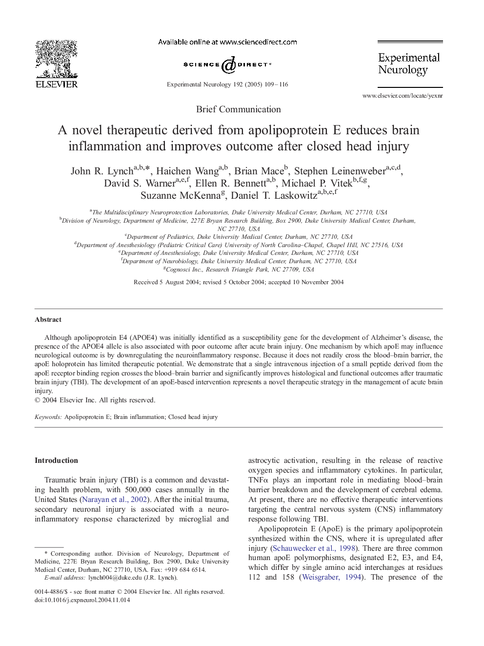 A novel therapeutic derived from apolipoprotein E reduces brain inflammation and improves outcome after closed head injury