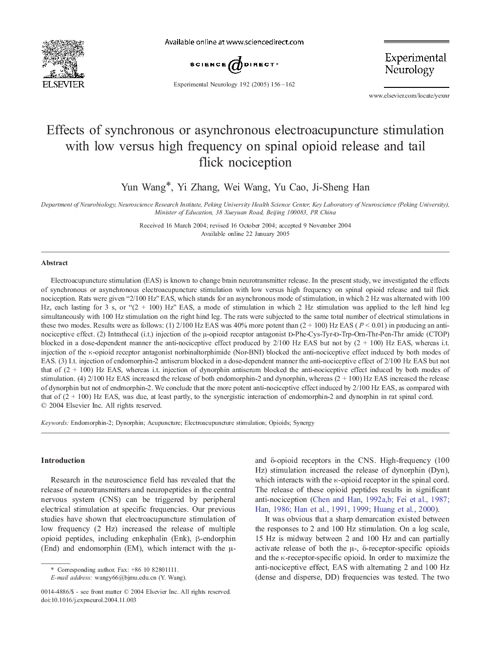 Effects of synchronous or asynchronous electroacupuncture stimulation with low versus high frequency on spinal opioid release and tail flick nociception