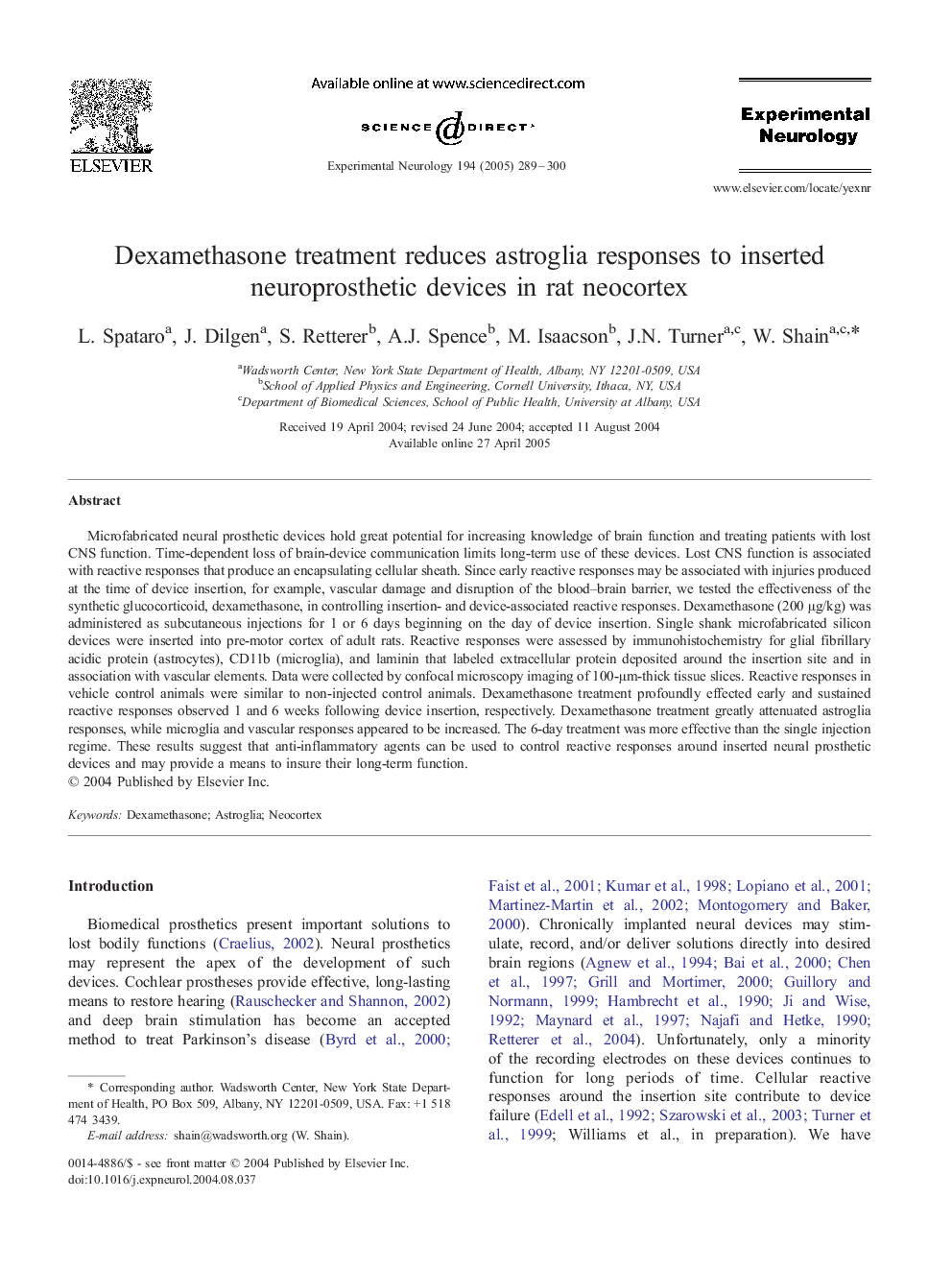 Dexamethasone treatment reduces astroglia responses to inserted neuroprosthetic devices in rat neocortex