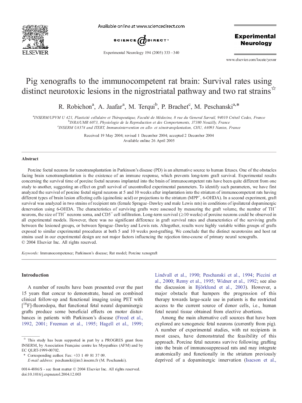 Pig xenografts to the immunocompetent rat brain: Survival rates using distinct neurotoxic lesions in the nigrostriatal pathway and two rat strains