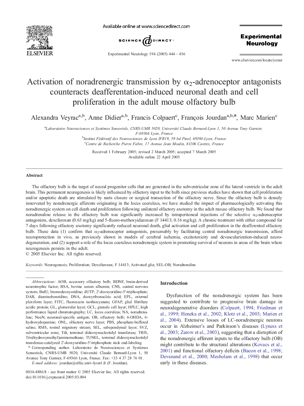 Activation of noradrenergic transmission by Î±2-adrenoceptor antagonists counteracts deafferentation-induced neuronal death and cell proliferation in the adult mouse olfactory bulb