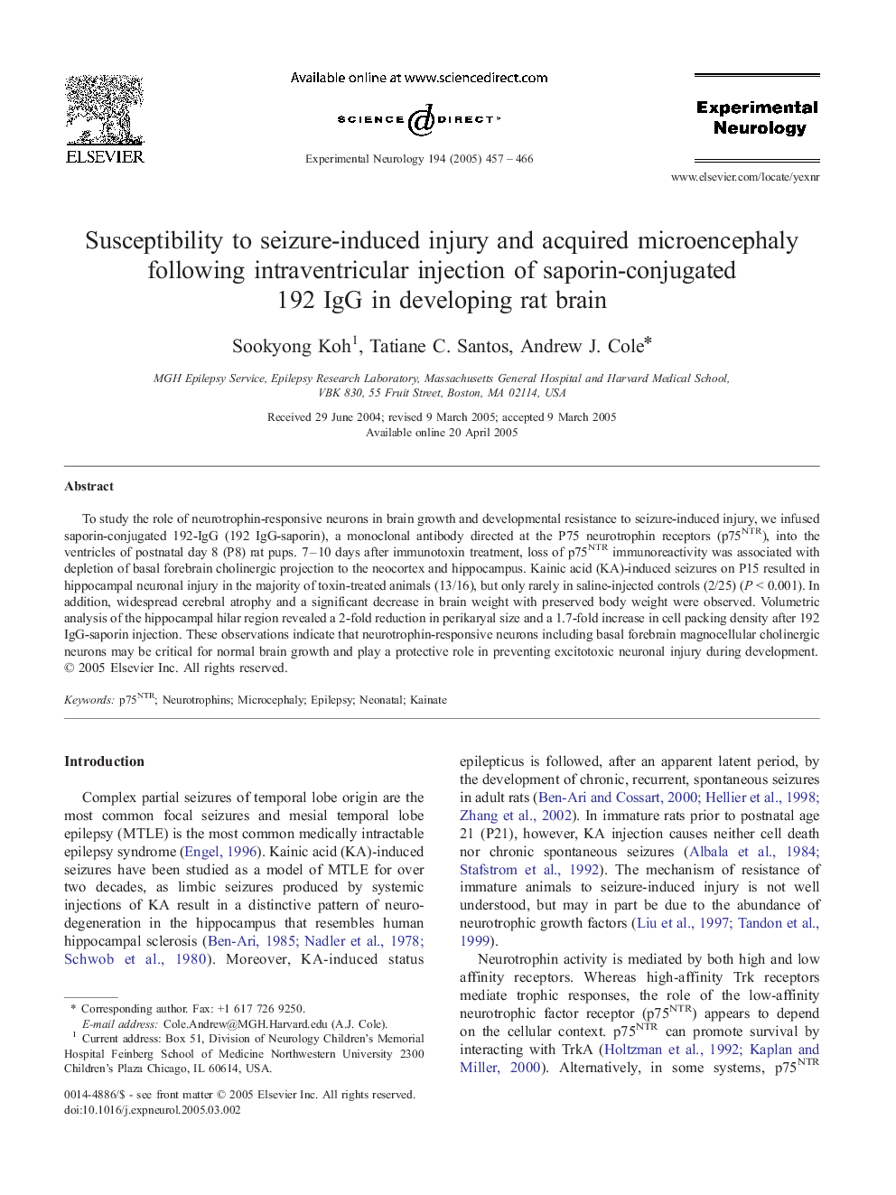 Susceptibility to seizure-induced injury and acquired microencephaly following intraventricular injection of saporin-conjugated 192 IgG in developing rat brain