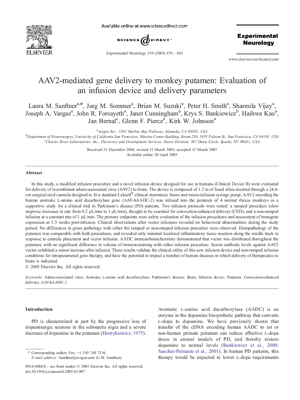 AAV2-mediated gene delivery to monkey putamen: Evaluation of an infusion device and delivery parameters