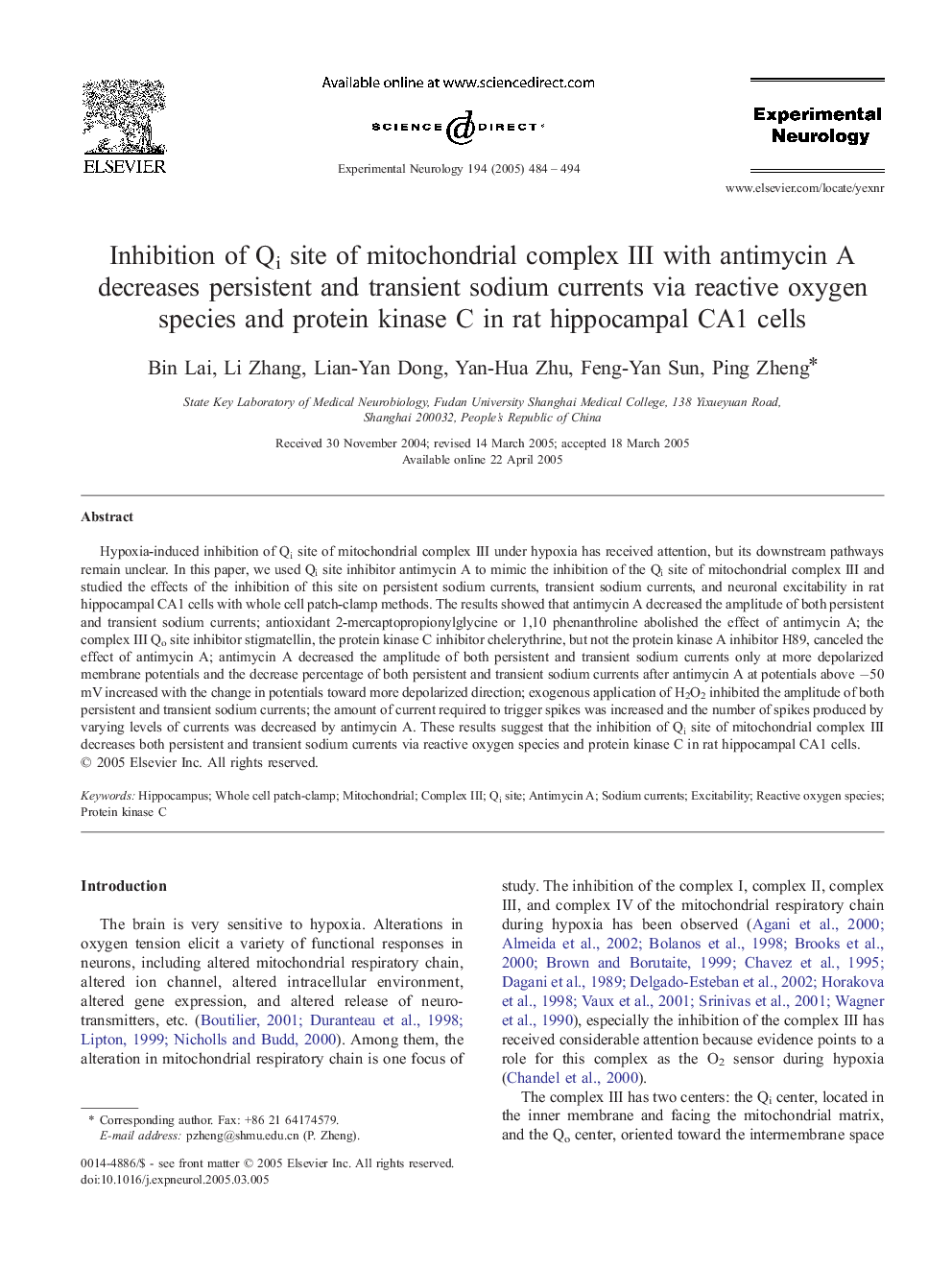 Inhibition of Qi site of mitochondrial complex III with antimycin A decreases persistent and transient sodium currents via reactive oxygen species and protein kinase C in rat hippocampal CA1 cells