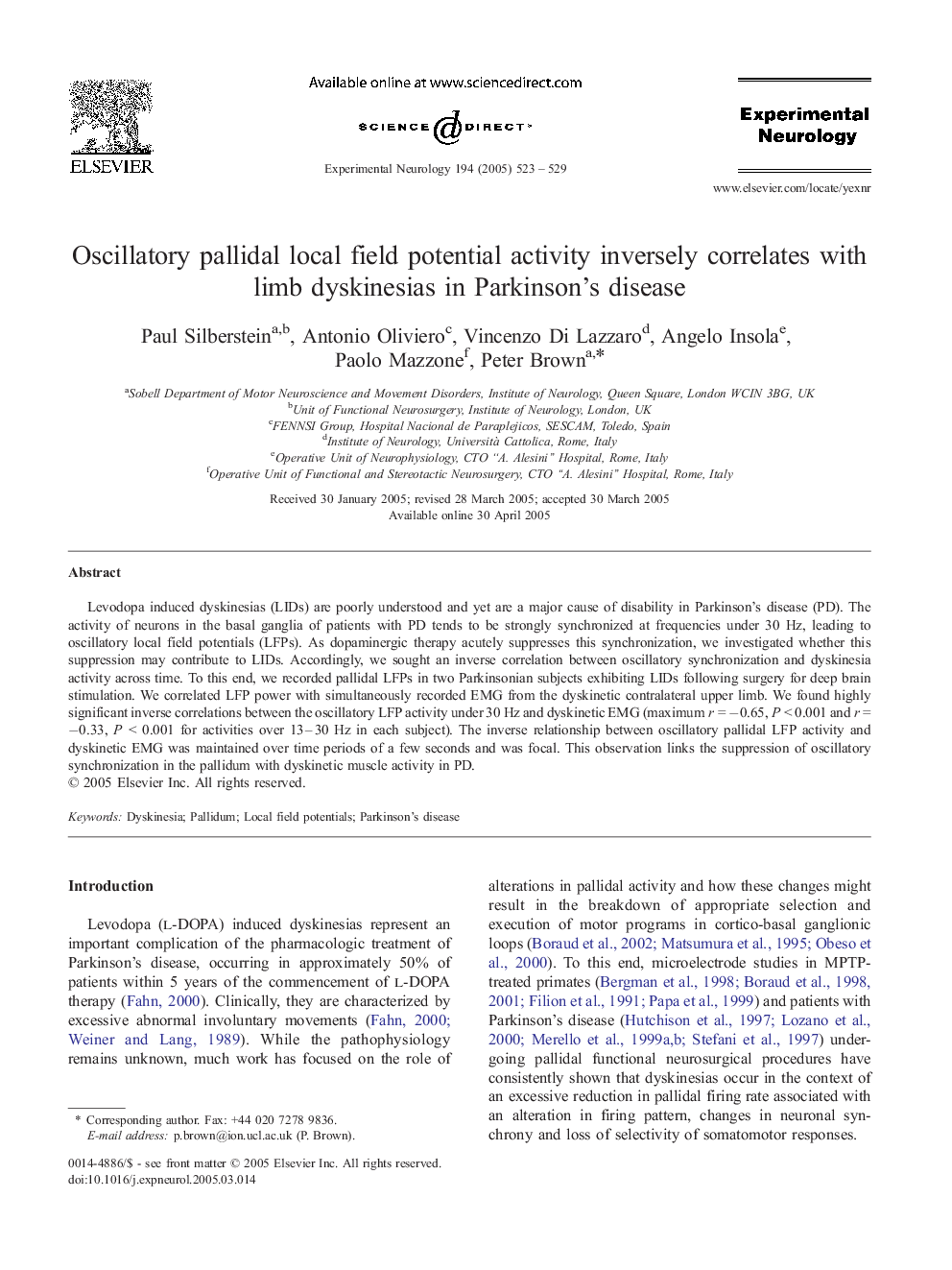 عکس صفحه اول مقاله: Oscillatory pallidal local field potential activity inversely correlates with limb dyskinesias in Parkinson's disease Oscillatory pallidal local field potential activity inversely correlates with limb dyskinesias in Parkinson's disease