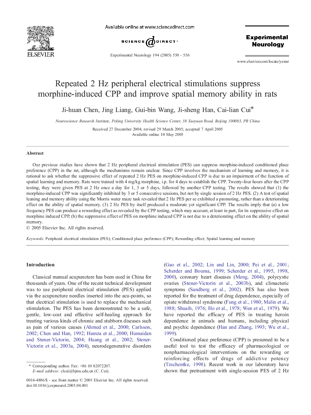 Repeated 2 Hz peripheral electrical stimulations suppress morphine-induced CPP and improve spatial memory ability in rats