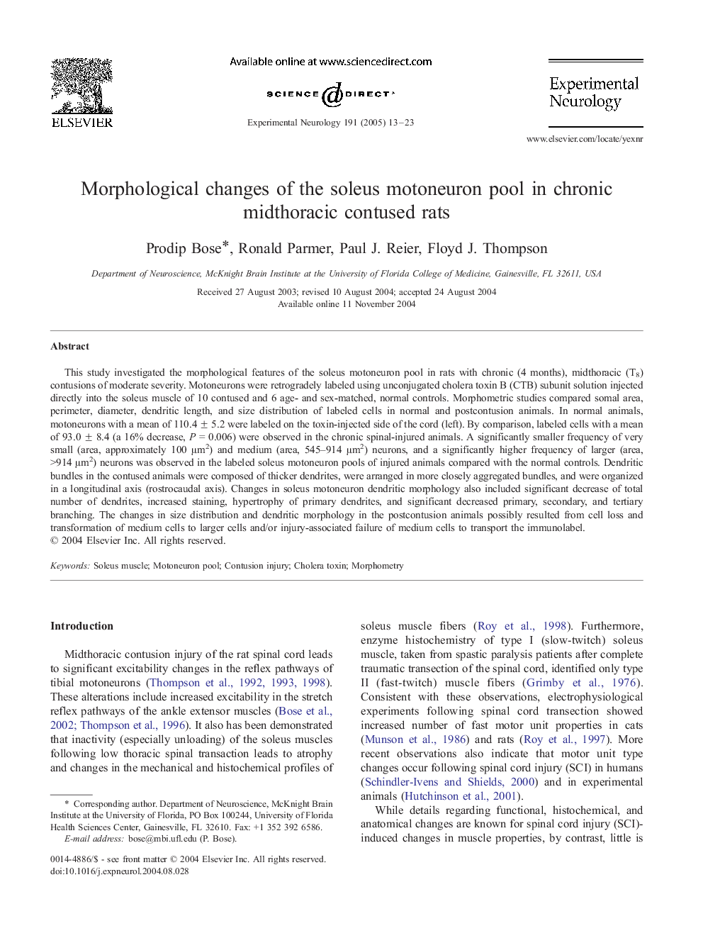 Morphological changes of the soleus motoneuron pool in chronic midthoracic contused rats