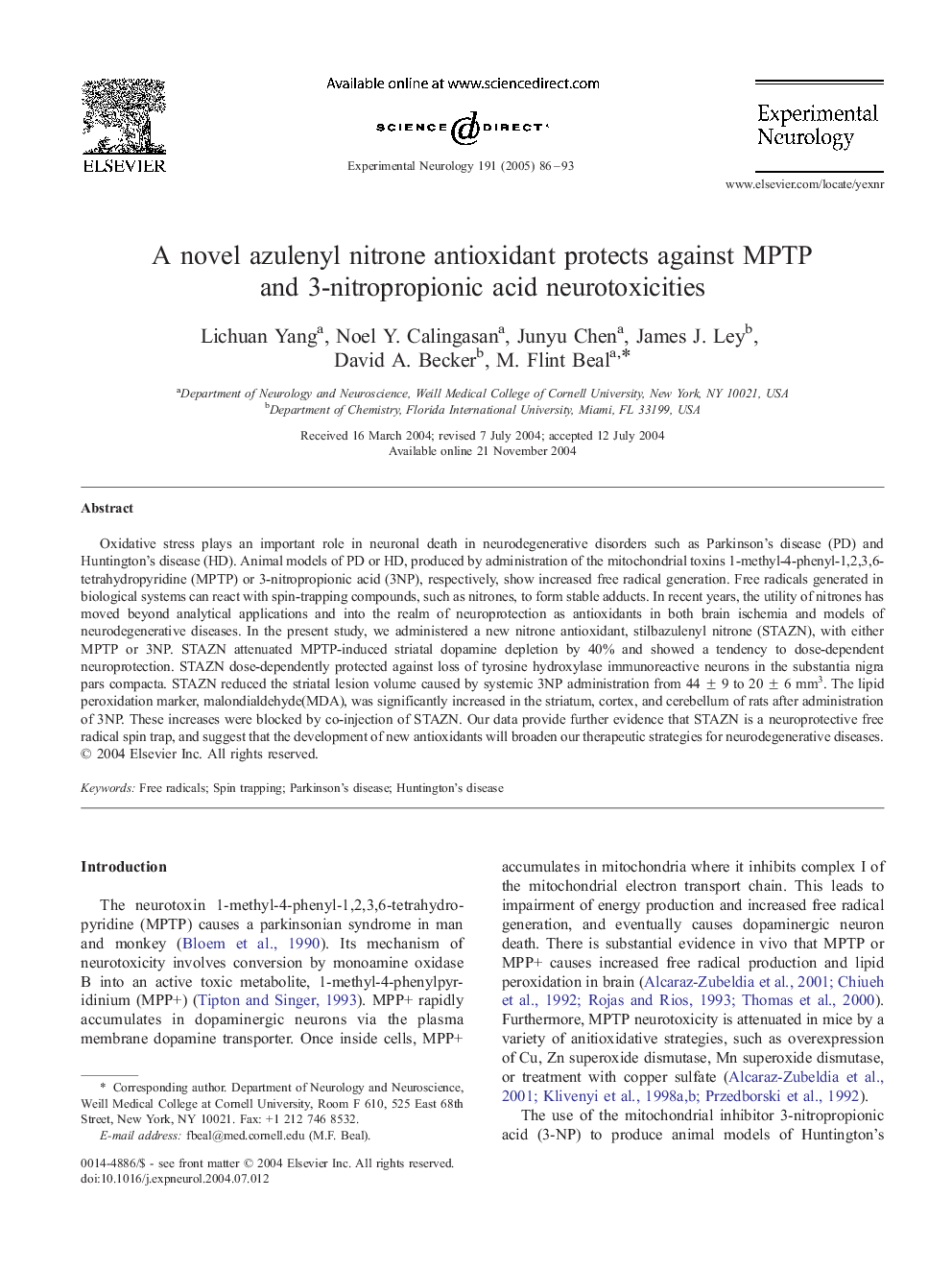 A novel azulenyl nitrone antioxidant protects against MPTP and 3-nitropropionic acid neurotoxicities