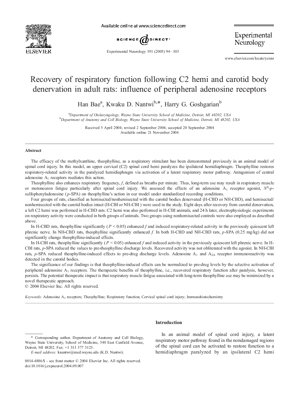 Recovery of respiratory function following C2 hemi and carotid body denervation in adult rats: influence of peripheral adenosine receptors