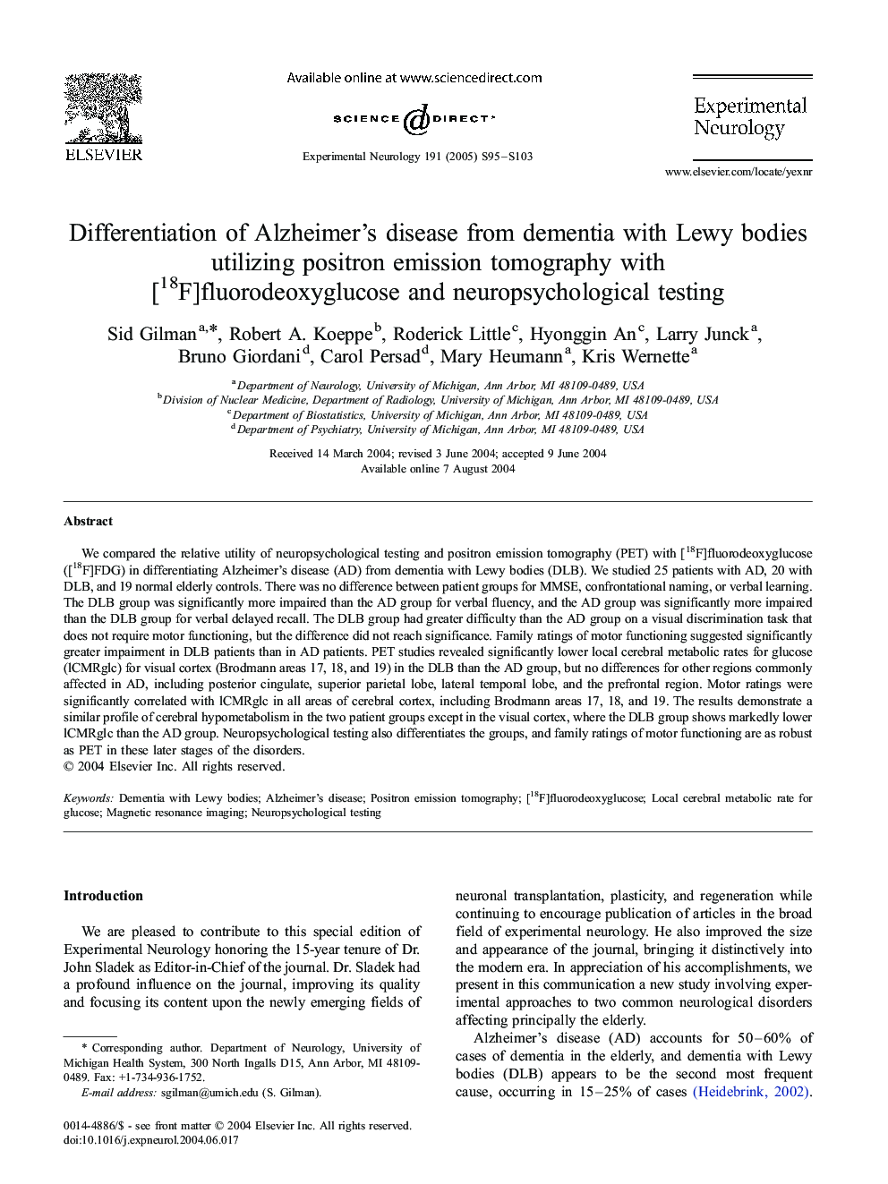 Differentiation of Alzheimer's disease from dementia with Lewy bodies utilizing positron emission tomography with [18F]fluorodeoxyglucose and neuropsychological testing