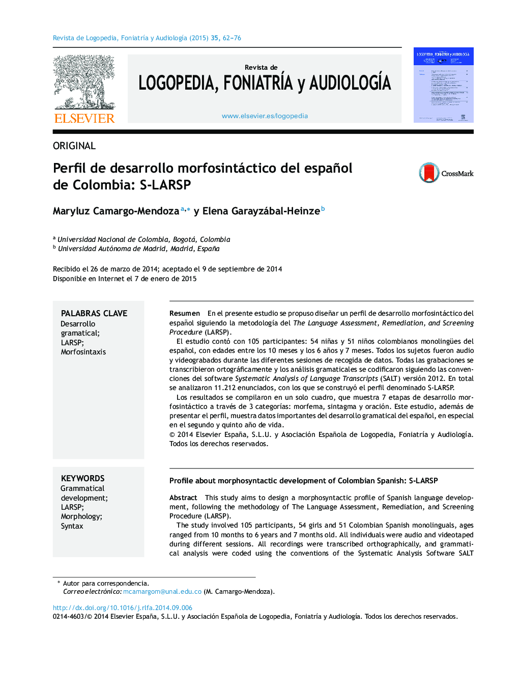 Perfil de desarrollo morfosintáctico del español de Colombia: S-LARSP