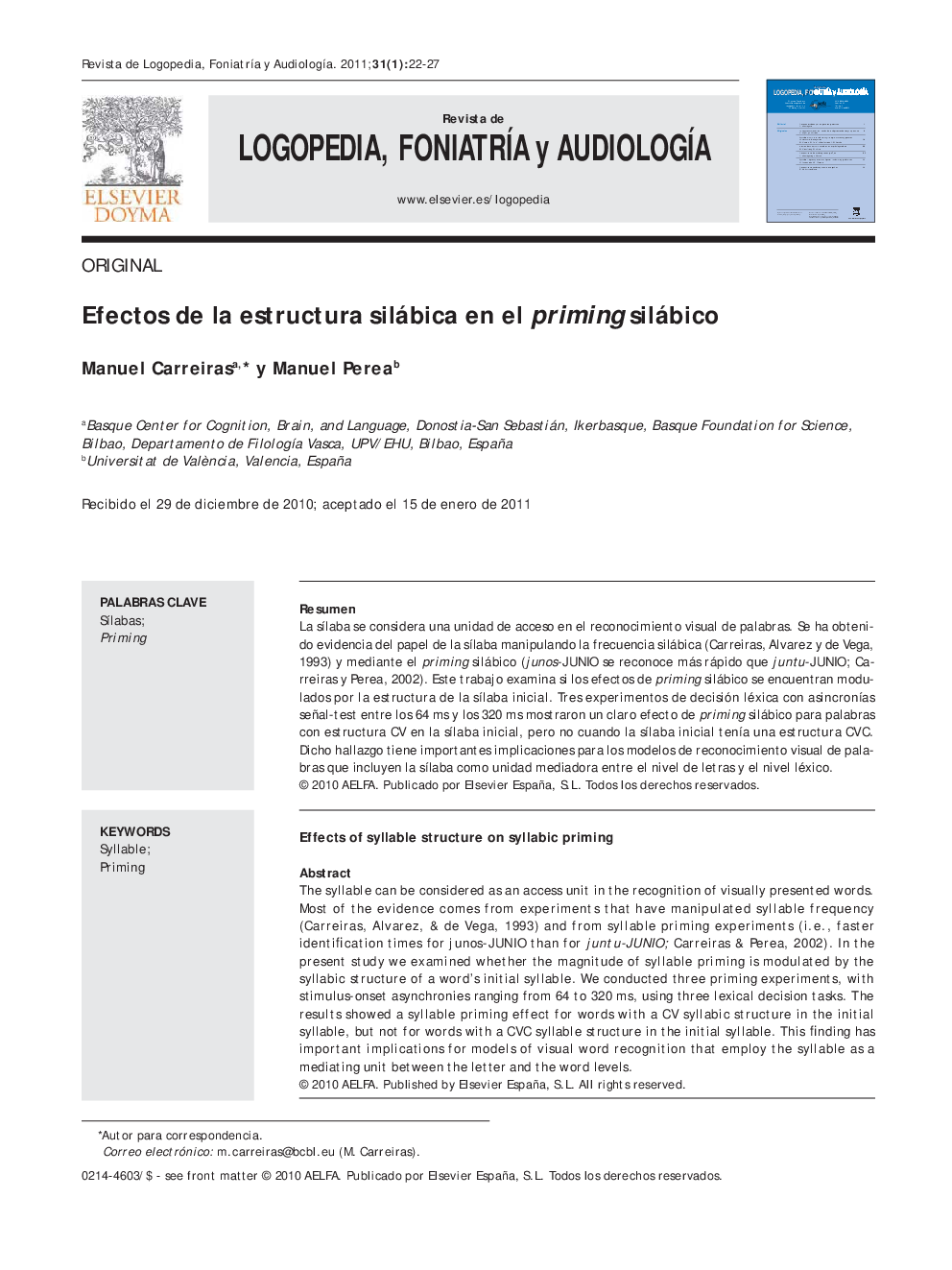 عکس صفحه اول مقاله: Efectos de la estructura silábica en el priming silábico Efectos de la estructura silábica en el priming silábico