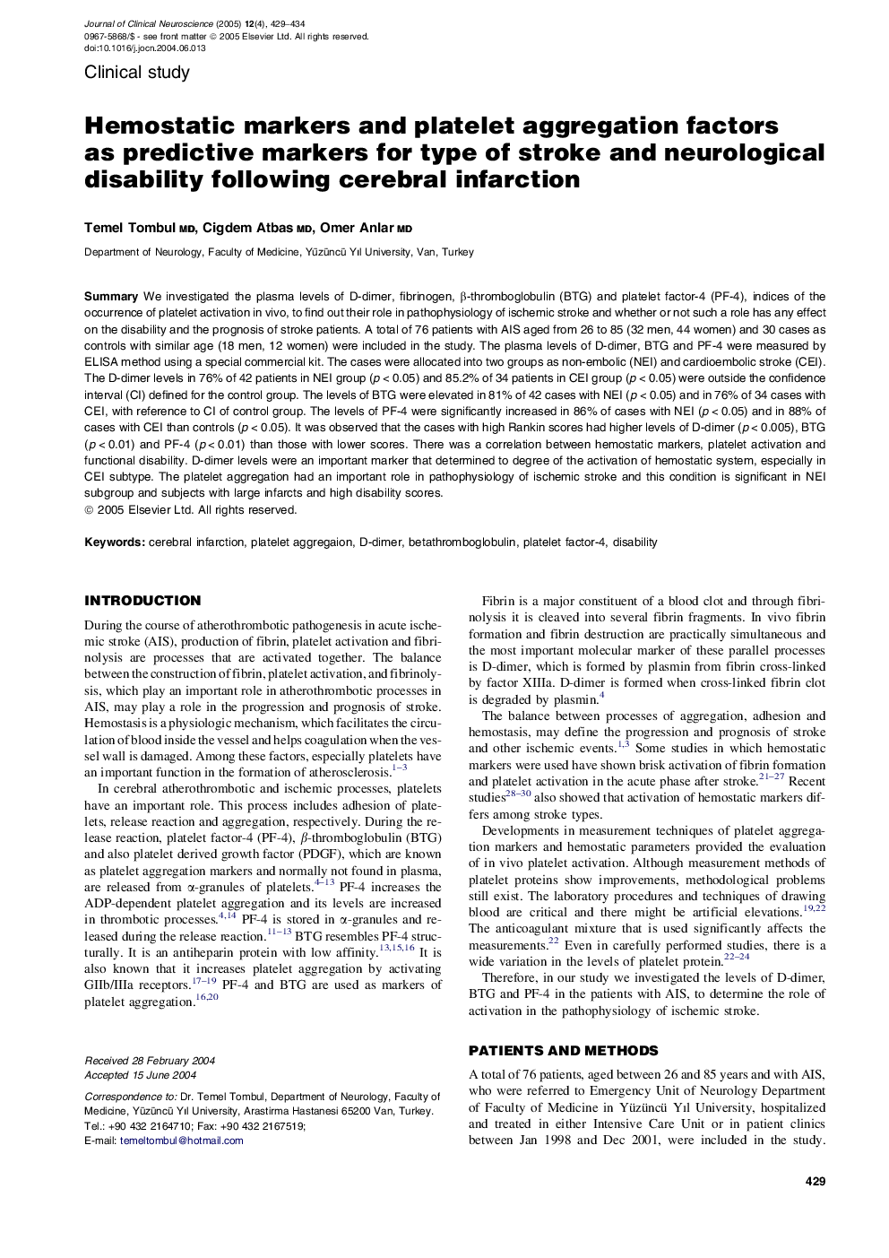 Hemostatic markers and platelet aggregation factors as predictive markers for type of stroke and neurological disability following cerebral infarction