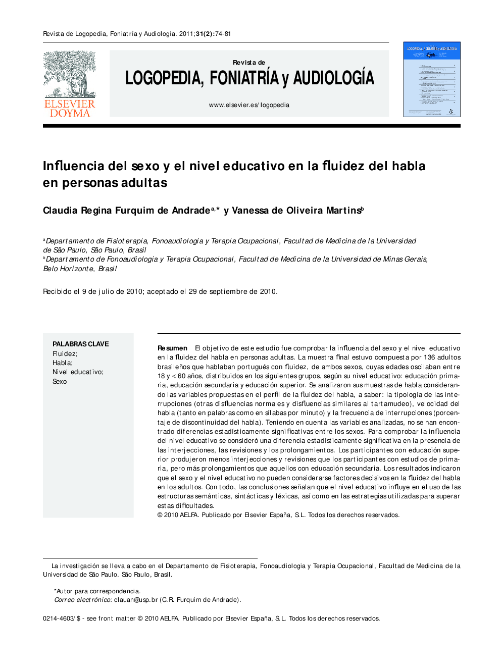 Influencia del sexo y el nivel educativo en la fluidez del habla en personas adultas