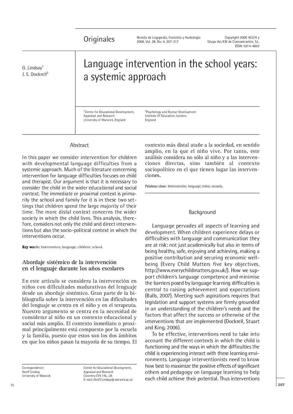 Language intervention in the school years: a systemic approach