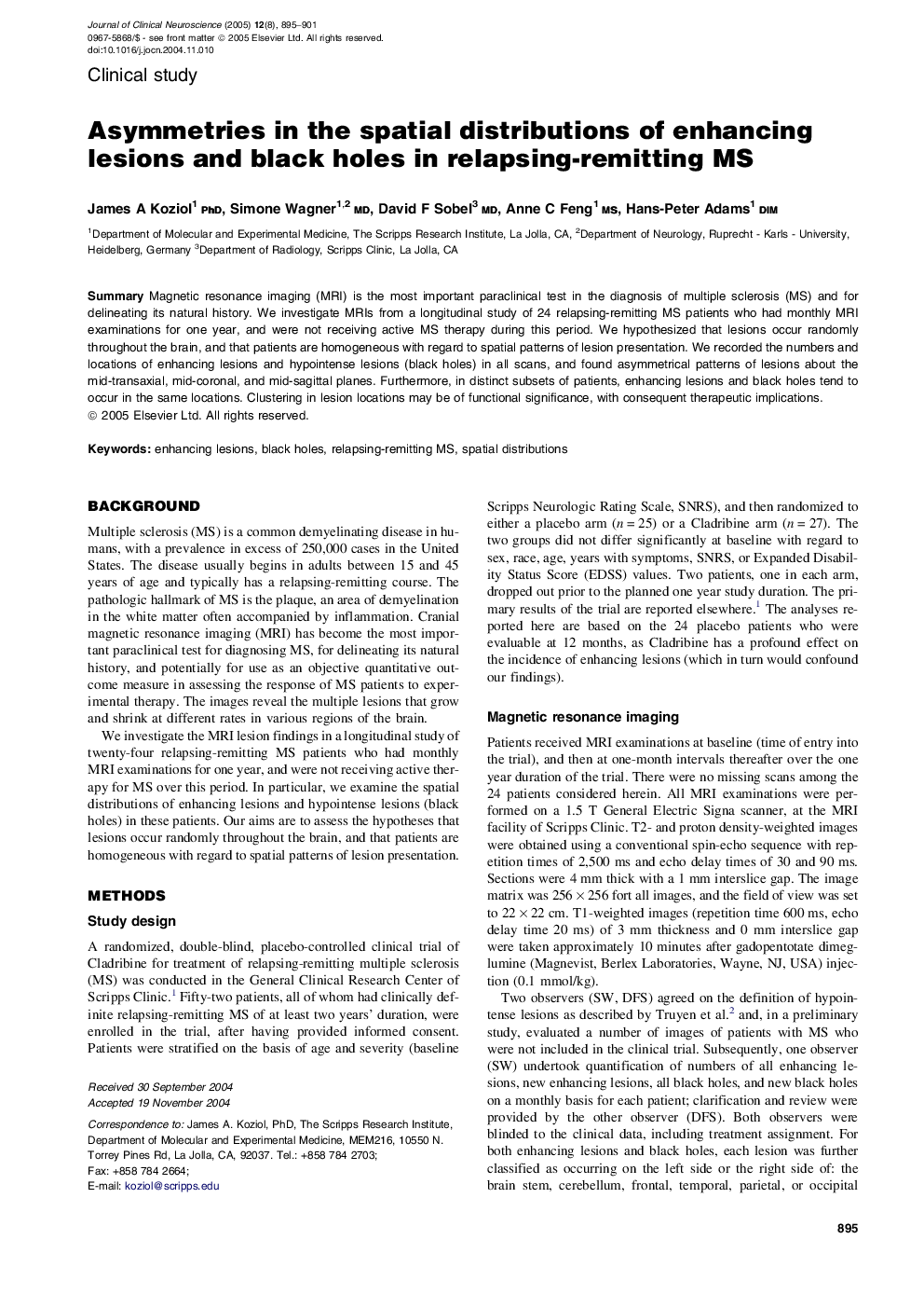 Asymmetries in the spatial distributions of enhancing lesions and black holes in relapsing-remitting MS