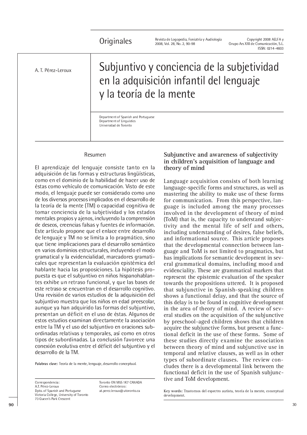 Subjuntivo y conciencia de la subjetividad en la adquisición infantil del lenguaje y la teorÃ­a de la mente