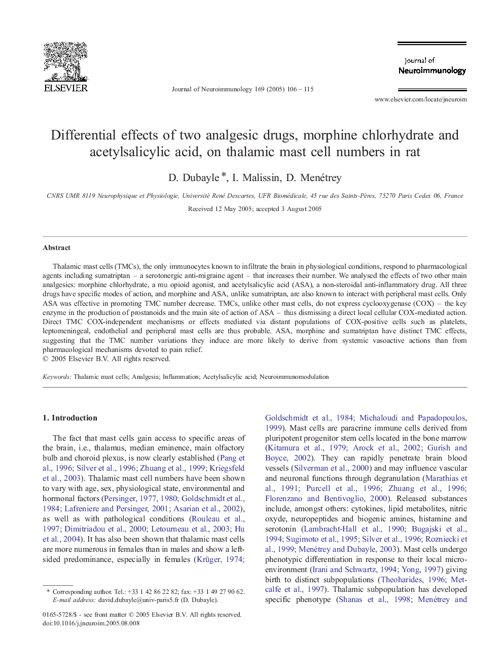 Differential effects of two analgesic drugs, morphine chlorhydrate and acetylsalicylic acid, on thalamic mast cell numbers in rat