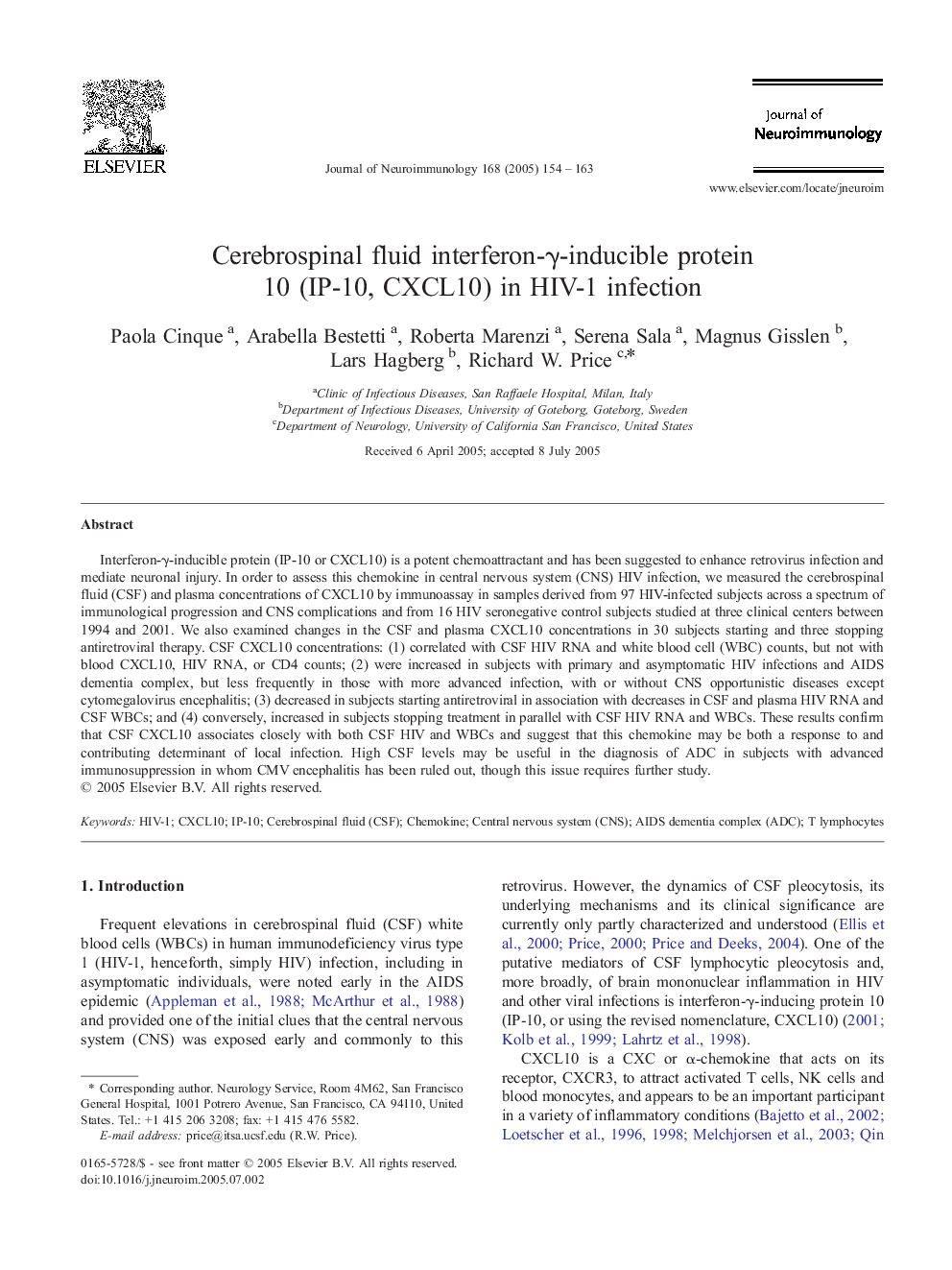 Cerebrospinal fluid interferon-Î³-inducible protein 10 (IP-10, CXCL10) in HIV-1 infection