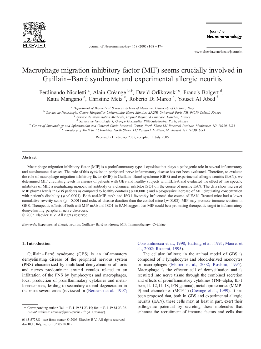 Macrophage migration inhibitory factor (MIF) seems crucially involved in Guillain-Barré syndrome and experimental allergic neuritis