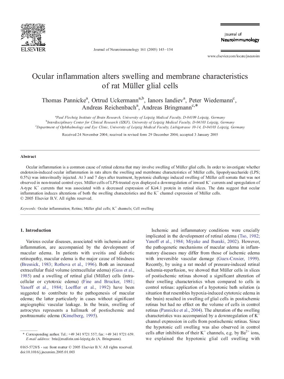 Ocular inflammation alters swelling and membrane characteristics of rat Müller glial cells