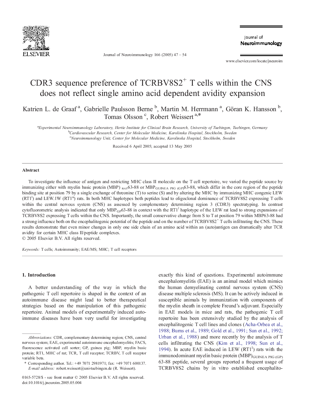 CDR3 sequence preference of TCRBV8S2+ T cells within the CNS does not reflect single amino acid dependent avidity expansion