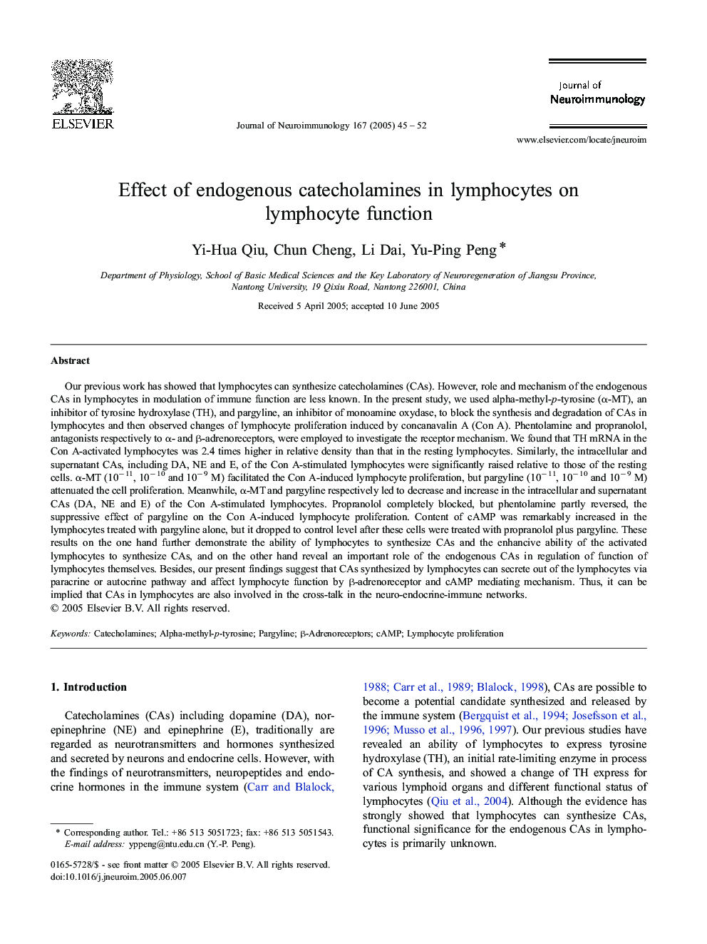 Effect of endogenous catecholamines in lymphocytes on lymphocyte function