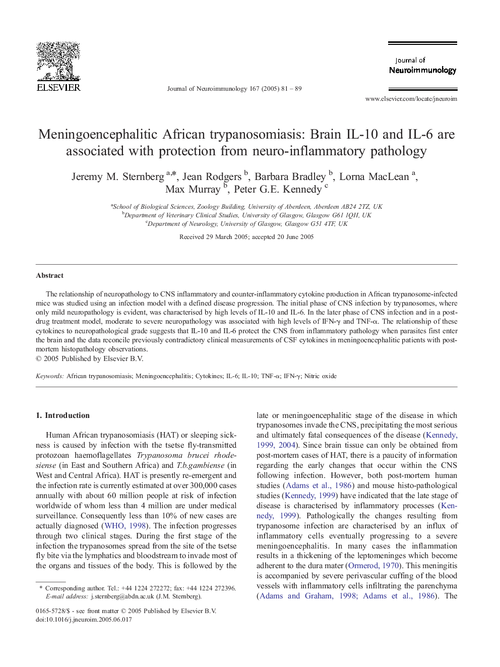 Meningoencephalitic African trypanosomiasis: Brain IL-10 and IL-6 are associated with protection from neuro-inflammatory pathology