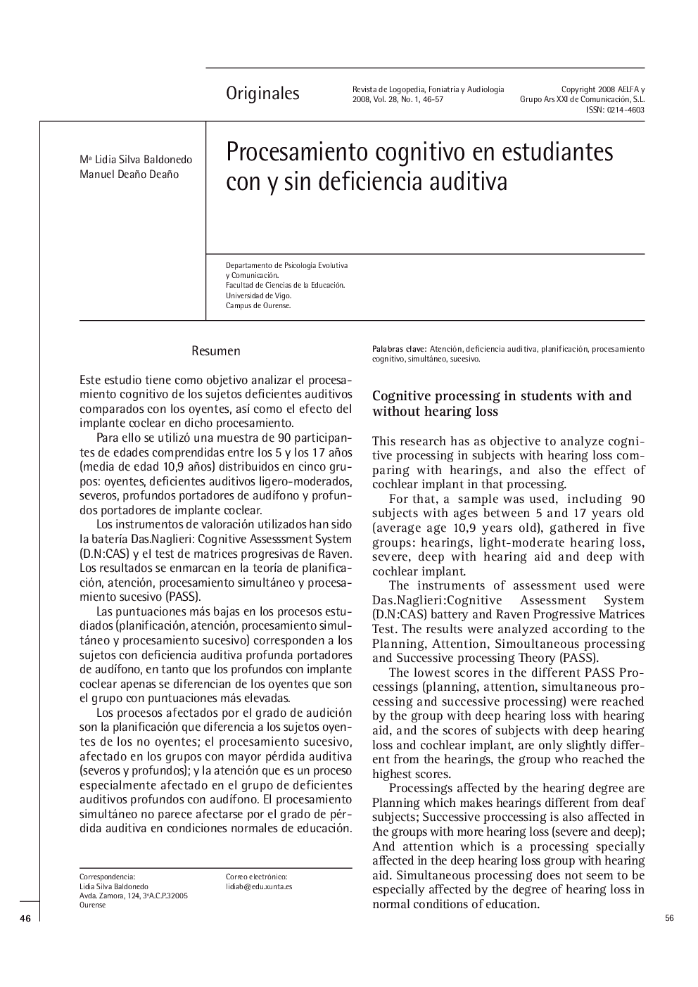 Procesamiento cognitivo en estudiantes con y sin deficiencia auditiva