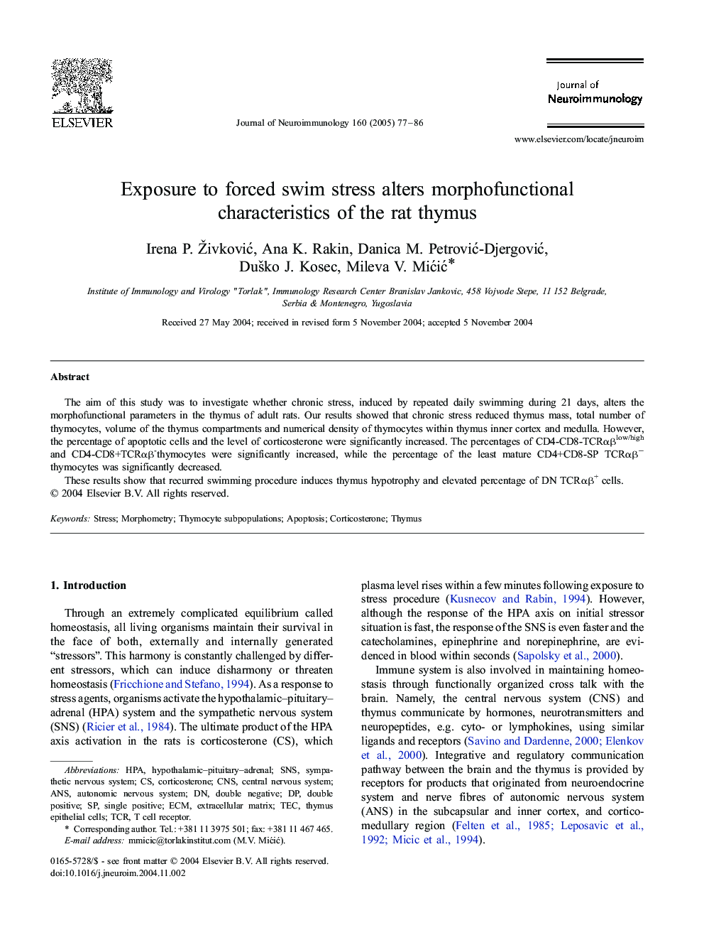 Exposure to forced swim stress alters morphofunctional characteristics of the rat thymus