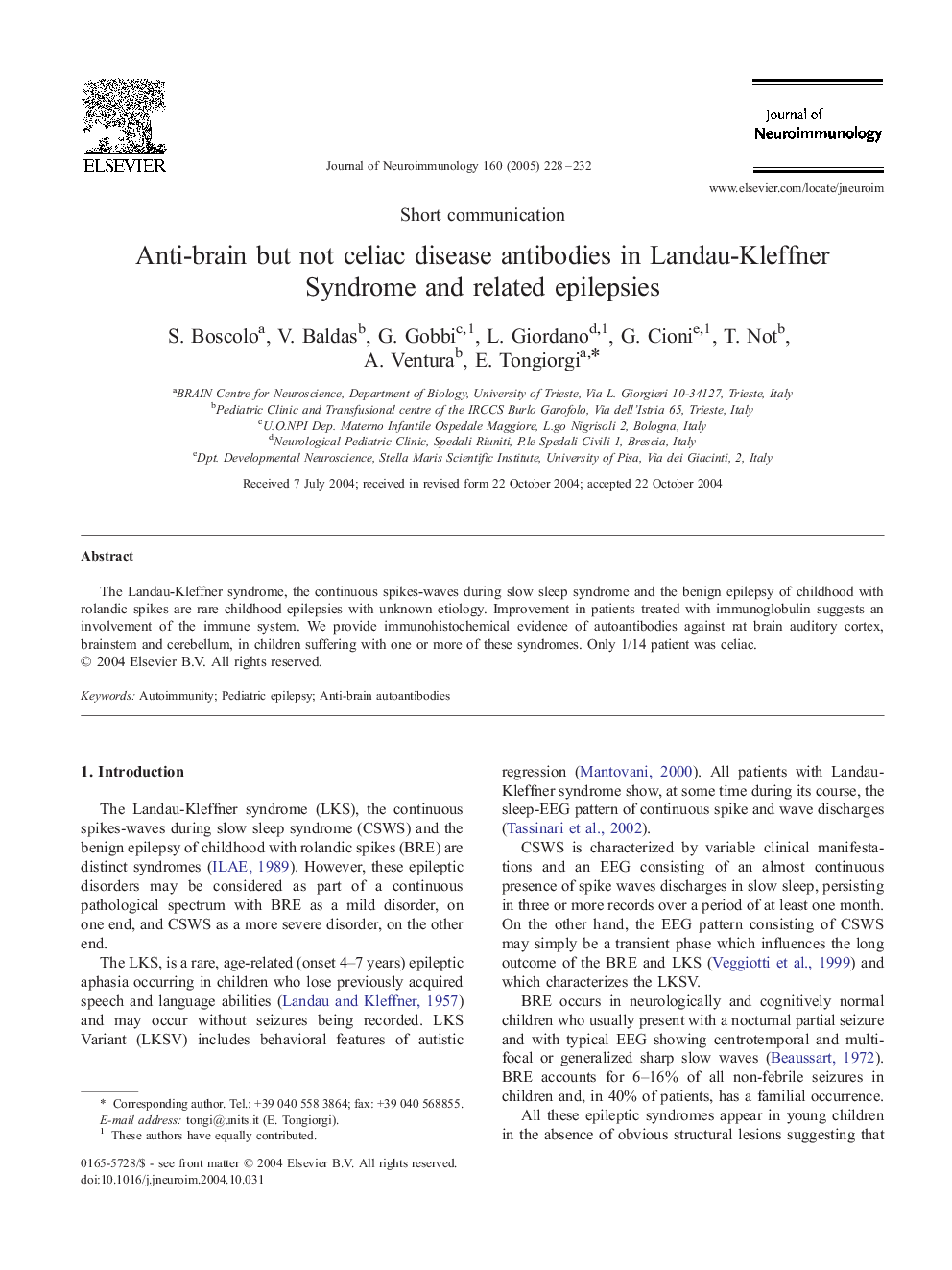 Anti-brain but not celiac disease antibodies in Landau-Kleffner Syndrome and related epilepsies