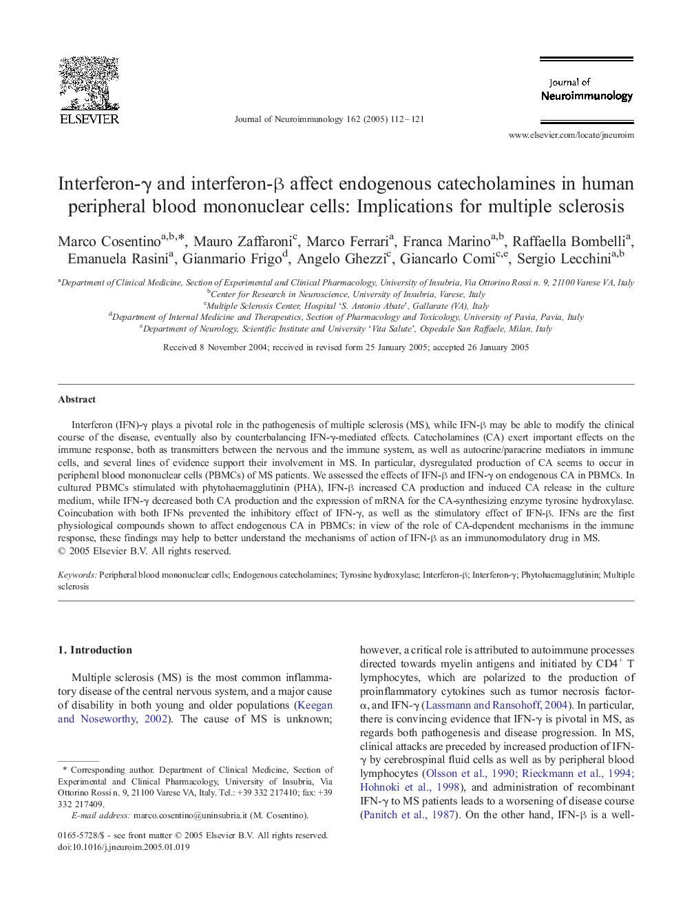 Interferon-Î³ and interferon-Î² affect endogenous catecholamines in human peripheral blood mononuclear cells: Implications for multiple sclerosis