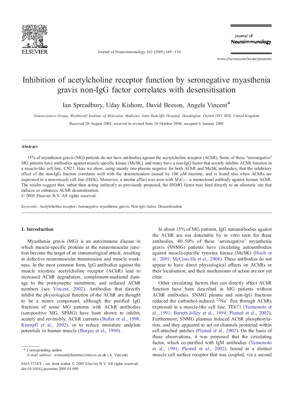 Inhibition of acetylcholine receptor function by seronegative myasthenia gravis non-IgG factor correlates with desensitisation