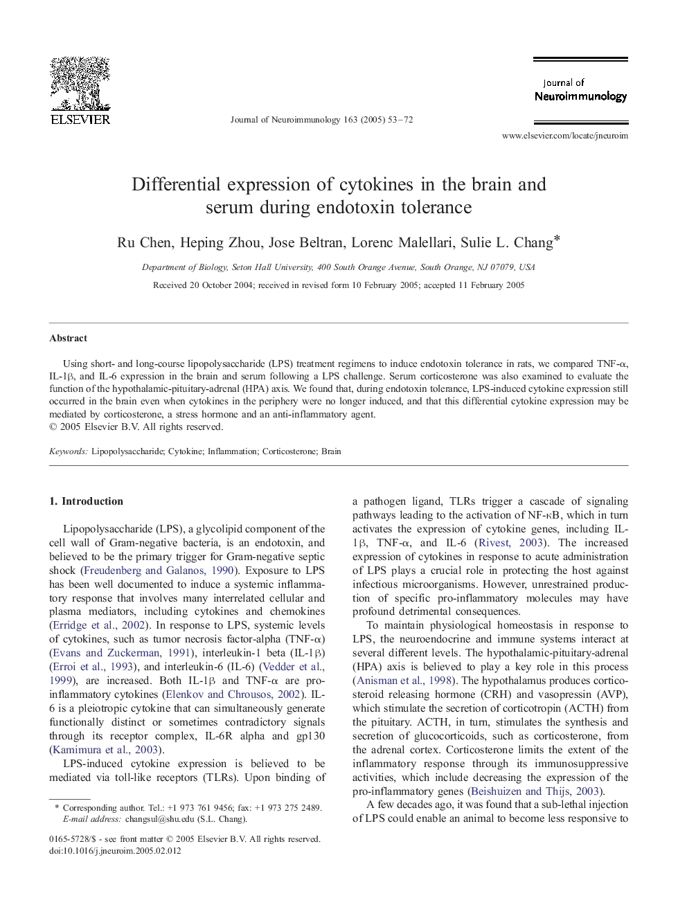 Differential expression of cytokines in the brain and serum during endotoxin tolerance