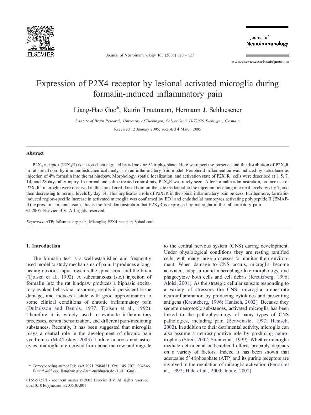 Expression of P2X4 receptor by lesional activated microglia during formalin-induced inflammatory pain