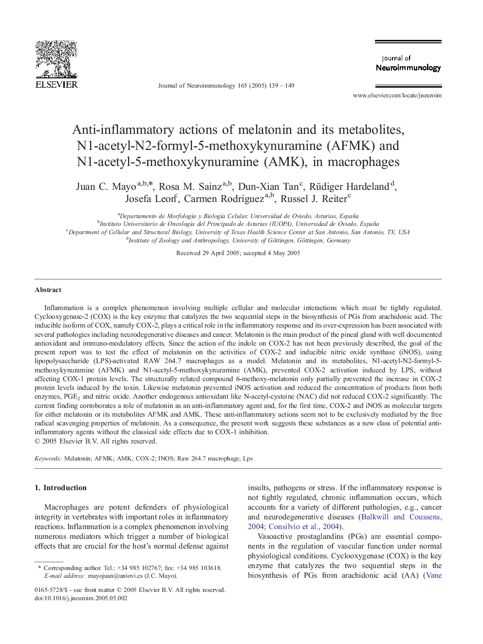 Anti-inflammatory actions of melatonin and its metabolites, N1-acetyl-N2-formyl-5-methoxykynuramine (AFMK) and N1-acetyl-5-methoxykynuramine (AMK), in macrophages