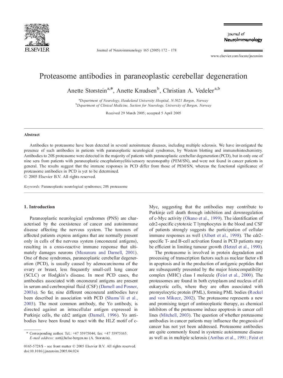 Proteasome antibodies in paraneoplastic cerebellar degeneration