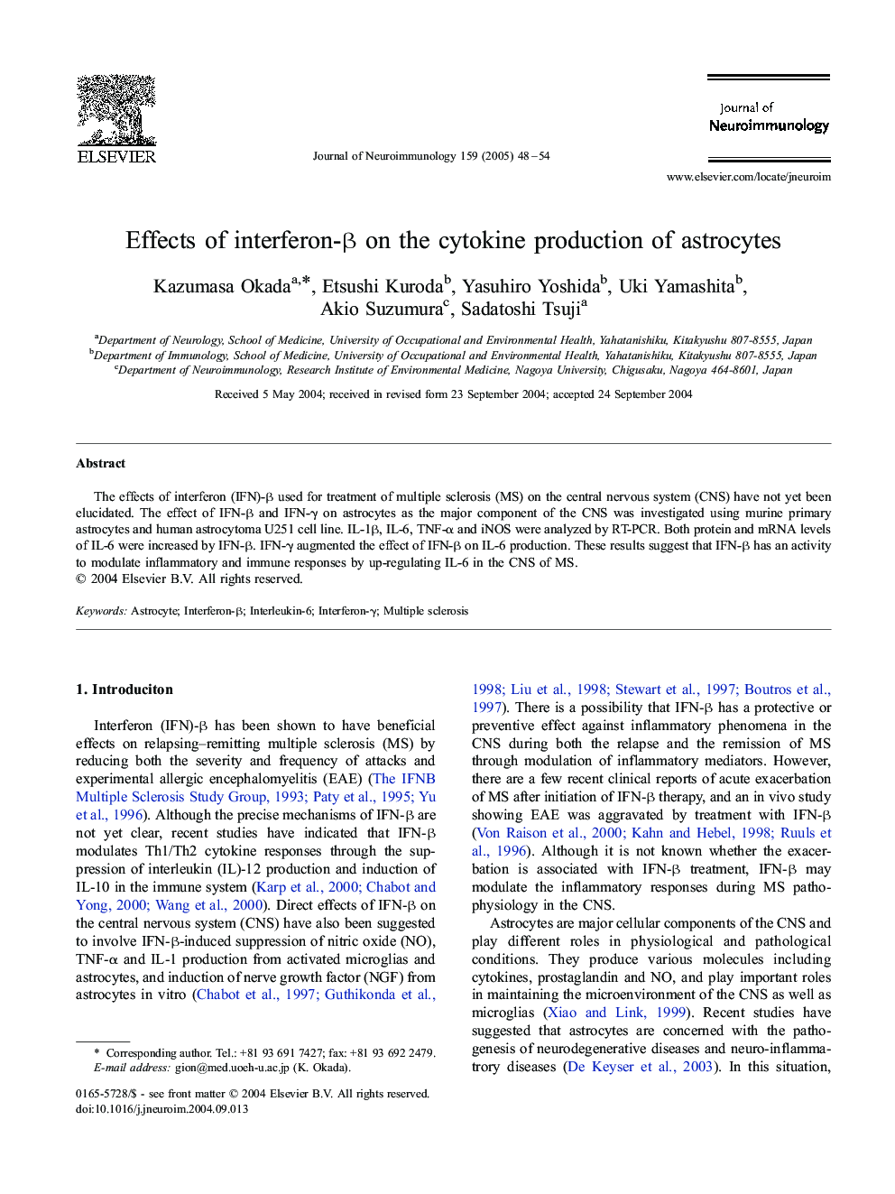 Effects of interferon-Î² on the cytokine production of astrocytes