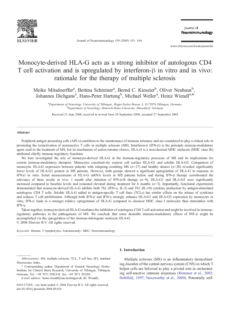 Monocyte-derived HLA-G acts as a strong inhibitor of autologous CD4 T cell activation and is upregulated by interferon-Î² in vitro and in vivo: rationale for the therapy of multiple sclerosis