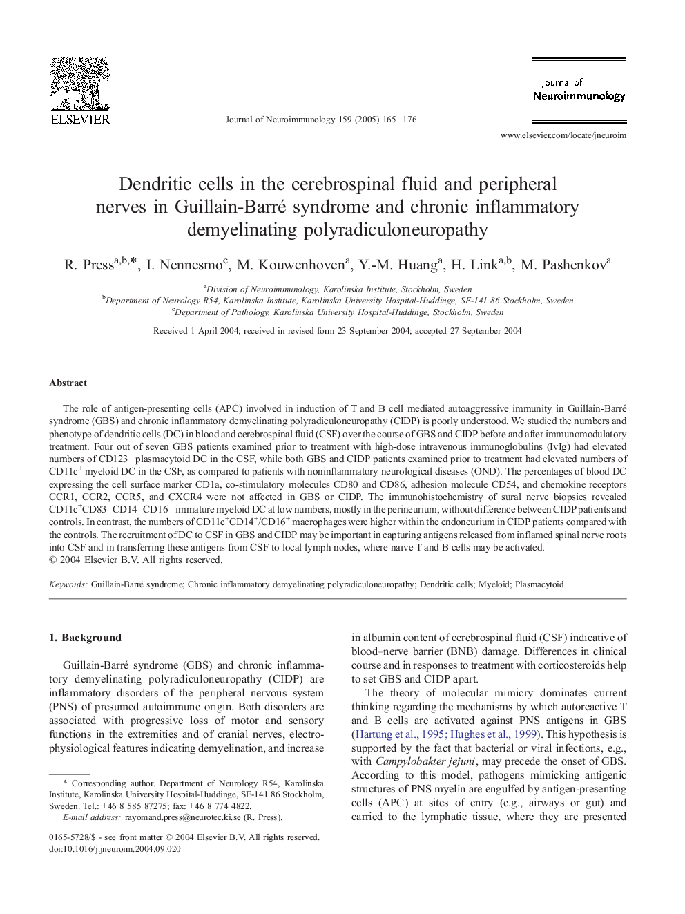 Dendritic cells in the cerebrospinal fluid and peripheral nerves in Guillain-Barré syndrome and chronic inflammatory demyelinating polyradiculoneuropathy