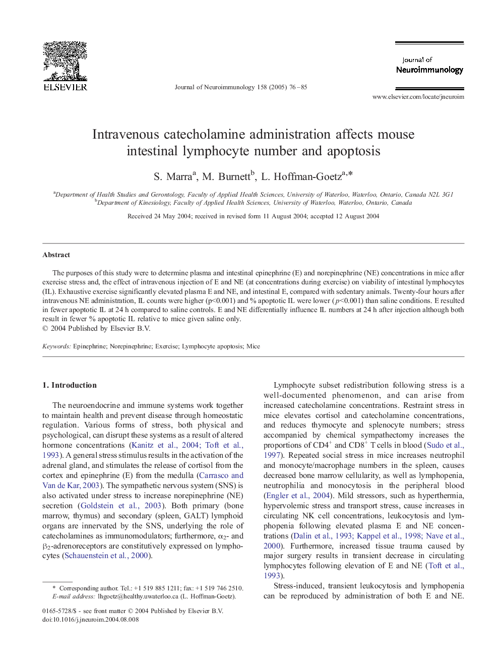 Intravenous catecholamine administration affects mouse intestinal lymphocyte number and apoptosis