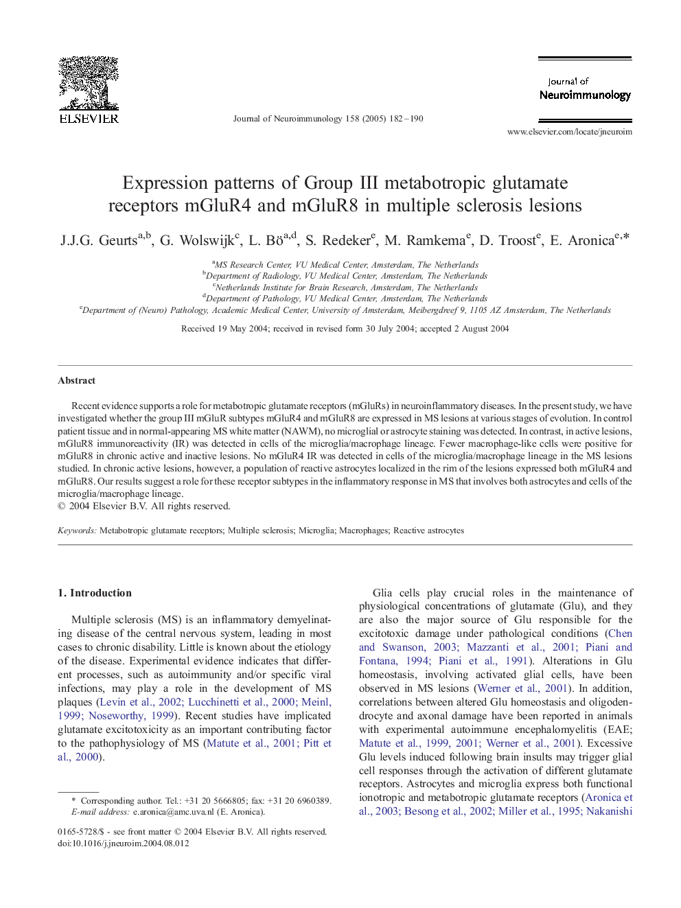 Expression patterns of Group III metabotropic glutamate receptors mGluR4 and mGluR8 in multiple sclerosis lesions