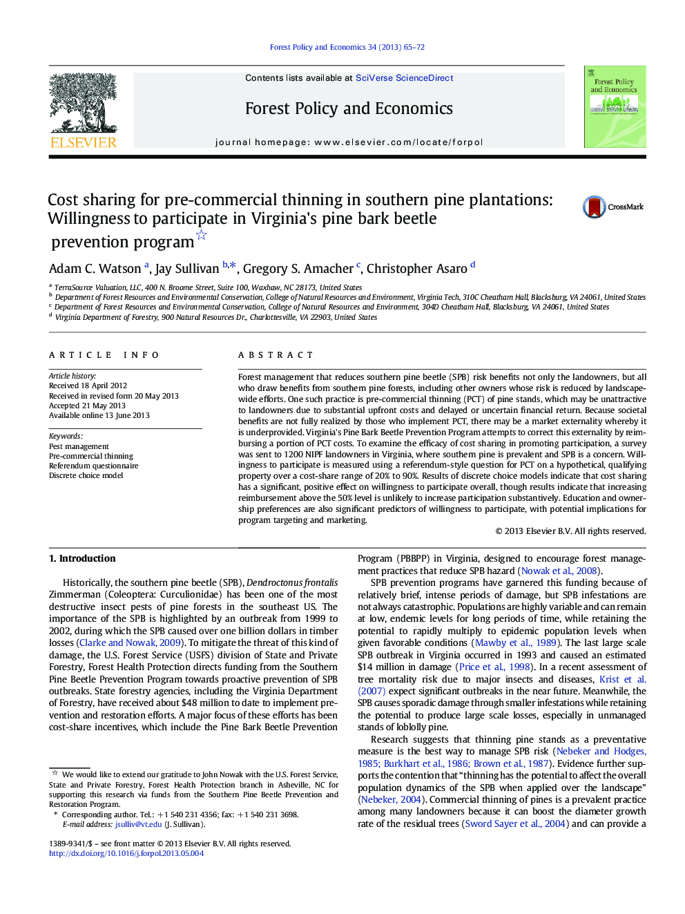 Cost sharing for pre-commercial thinning in southern pine plantations: Willingness to participate in Virginia's pine bark beetle prevention program 