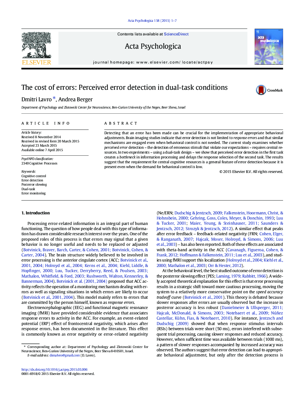 The cost of errors: Perceived error detection in dual-task conditions