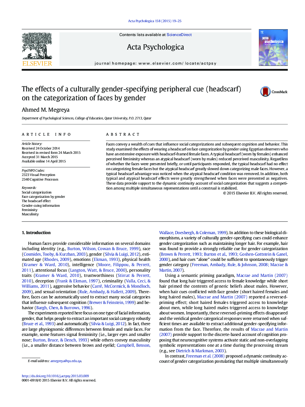 The effects of a culturally gender-specifying peripheral cue (headscarf) on the categorization of faces by gender