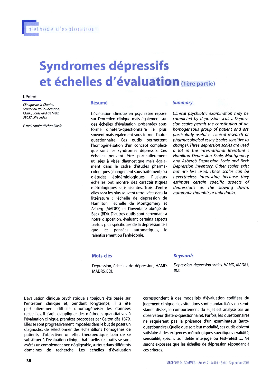 Syndromes dépressifs et échelles d'évaluation (1 Ã¨re partie)