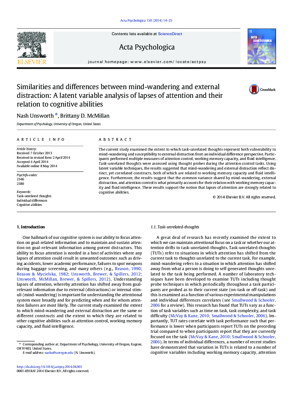 Similarities and differences between mind-wandering and external distraction: A latent variable analysis of lapses of attention and their relation to cognitive abilities