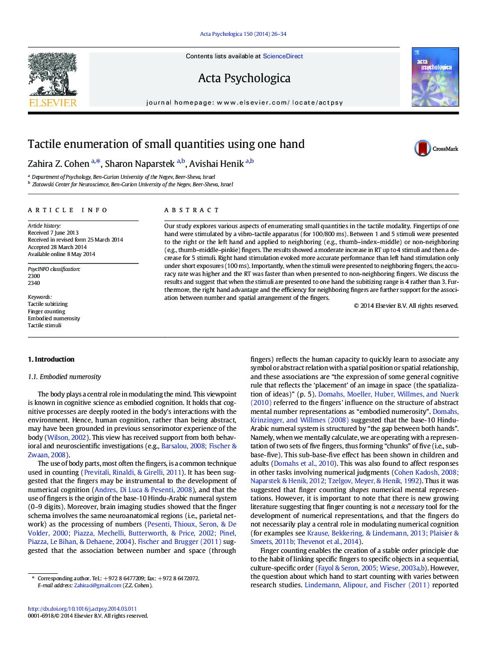 Tactile enumeration of small quantities using one hand