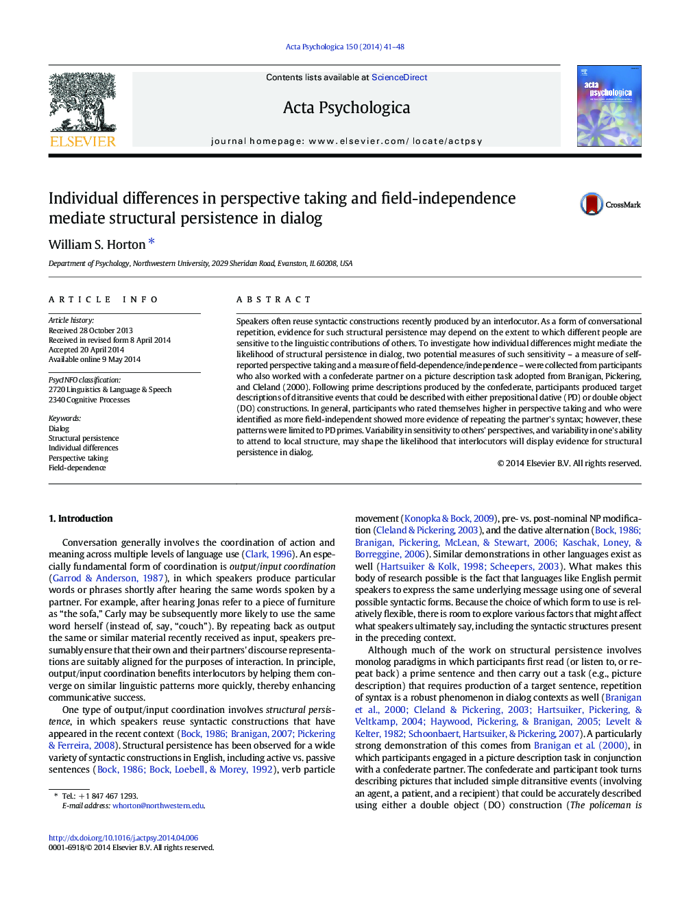 Individual differences in perspective taking and field-independence mediate structural persistence in dialog