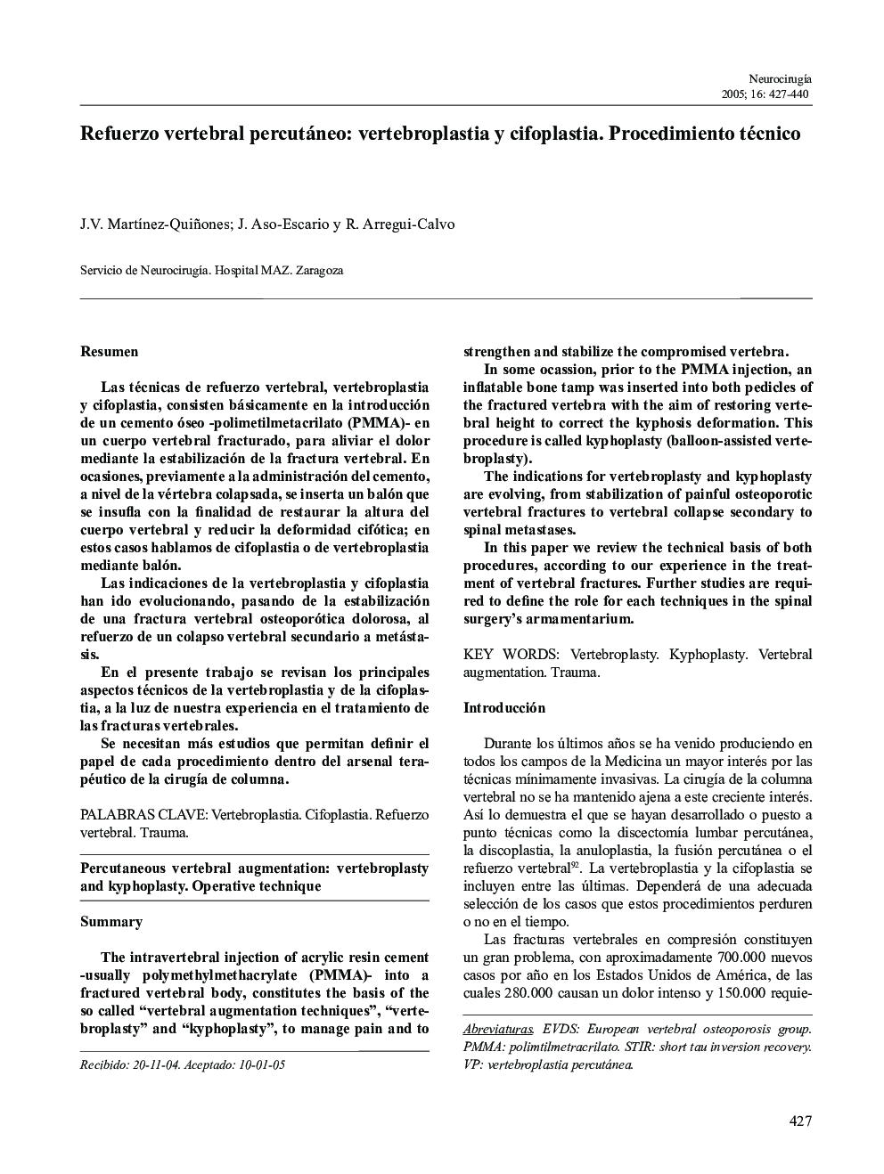 Refuerzo vertebral percutáneo: vertebroplastia y cifoplastia. Procedimiento técnico